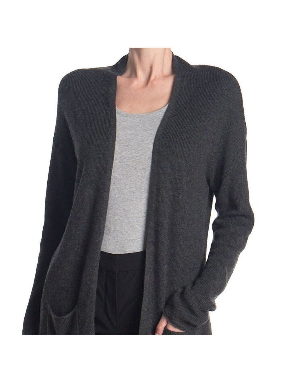 T Tahari Bnwot Ribbed Gray Open Cardigan New Front Pockets Cashmere